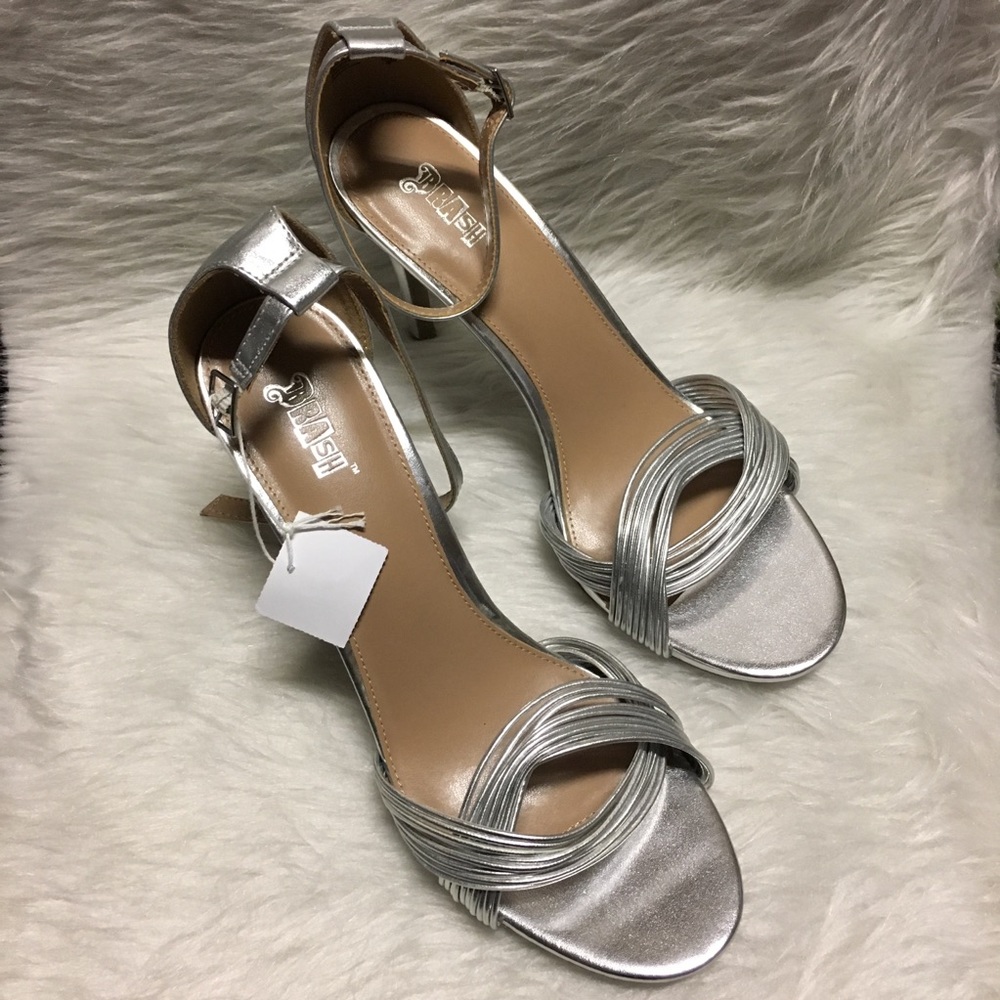 Brash silver ankle strap peep toe sandal heels